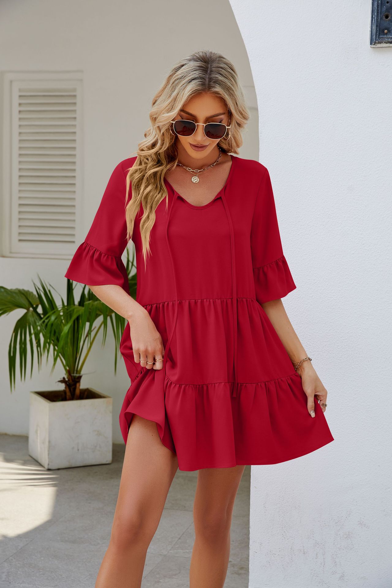 Women's Fashionable Pleated Ruffled Short Sleeve Lace-up Dress