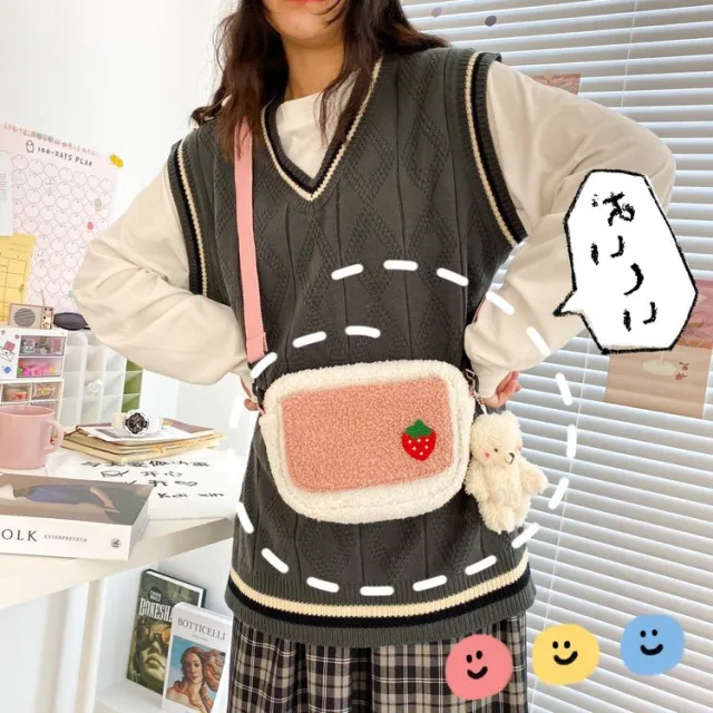 Cartoon Funny Fruit Strawberry Plush Bag All match Soft Girl Student Messenger Bag Pink - Shop at LoveMi