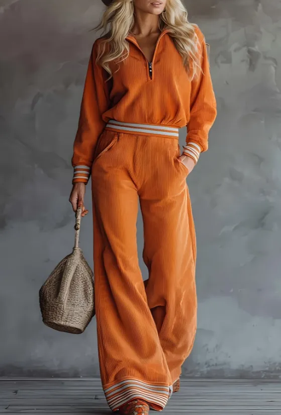 Phnom Penh Stripe Stand Collar Half Zip Sweatshirt And Wide Leg Pants Two Piece Set Orange - Shop at LoveMi