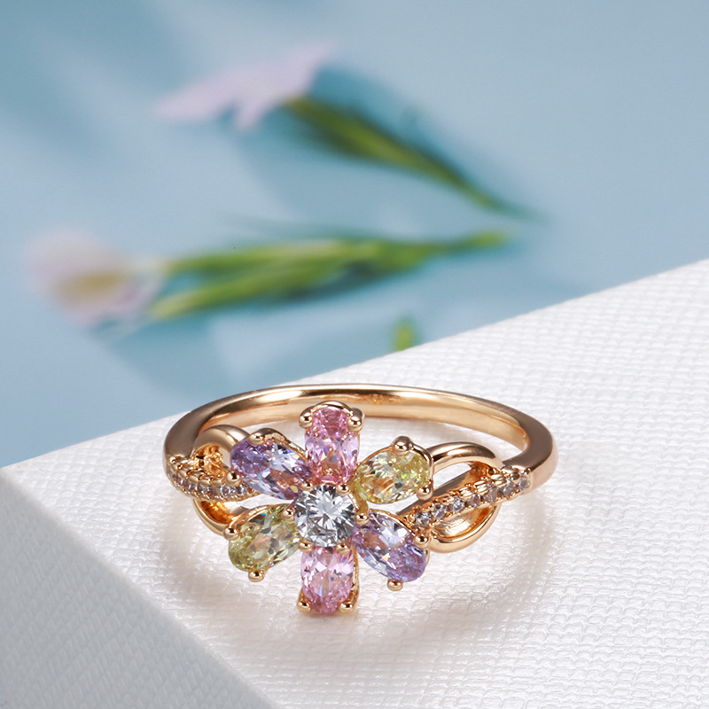 Simple Colorful Zircon 585 Rose Gold Flower Ring