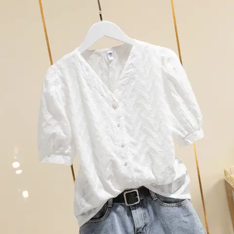 Cotton Embroidered Puff Sleeve Shirt Tops Women White Ladies