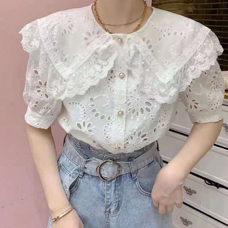 Title 4, Temperament Hollow Embroidery White Lace Shirt ...