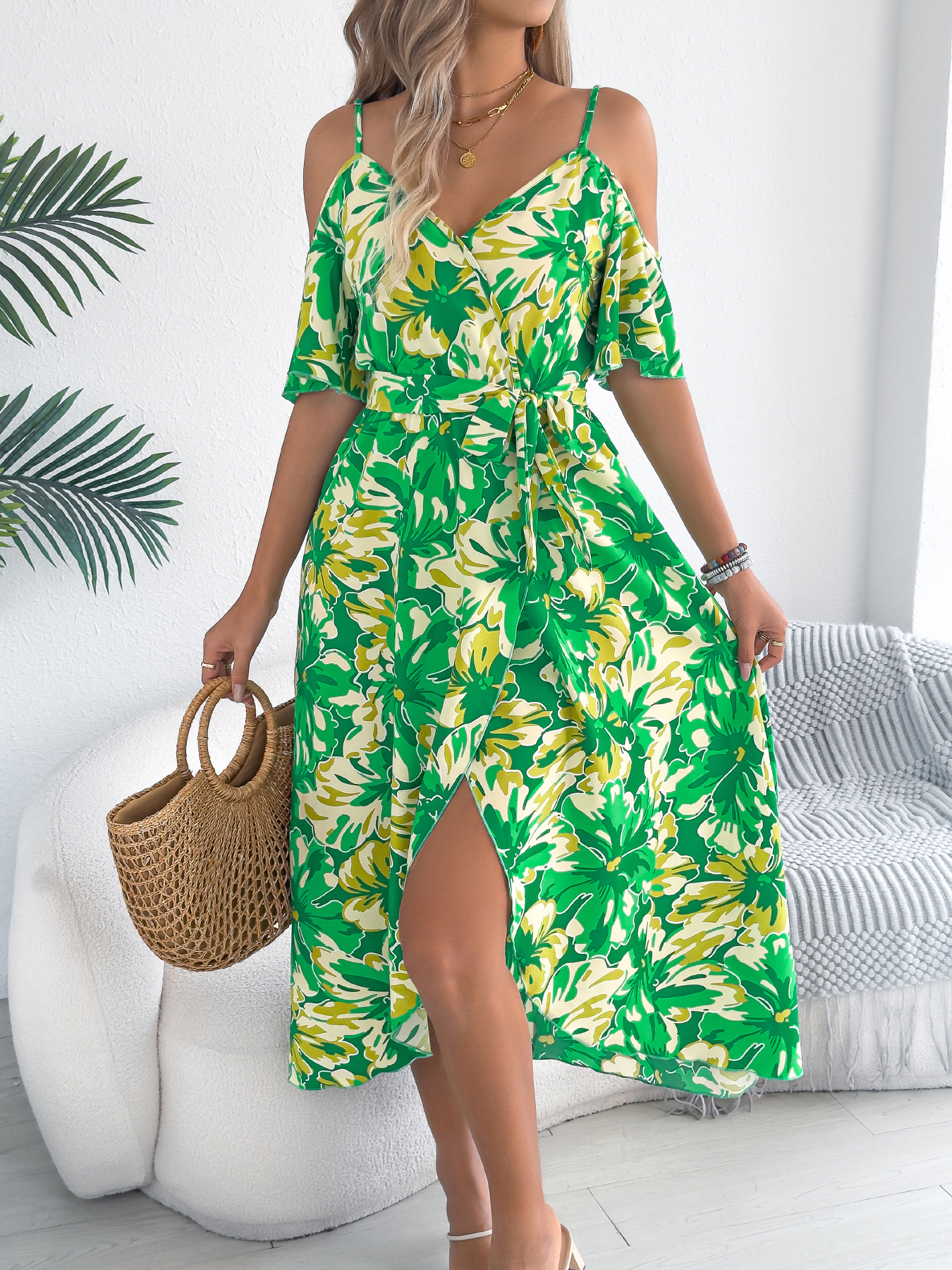 Women's Off Shoulder Cross V Neck Floral Print Camisole Vacation Maxi Dress