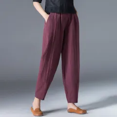 Vintage Art Nine Part Loose Thin Elastic Waist Wide Leg Pants - Magenta - View 1