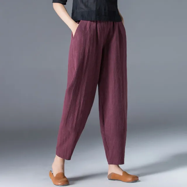Vintage Art Nine Part Loose Thin Elastic Waist Wide Leg Pants Magenta - Shop at LoveMi