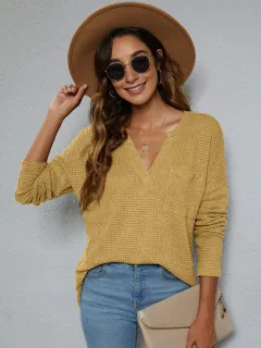 New Style Slit Front Short Back Long Casual V-neck Long-sleeved Knitted Sweater Women - Yellow - View 1