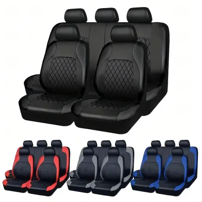 5-Seat Car Seat Cover, Single-Stitch Diamond Pattern, Quilted And Embroidered, Synthetic Leather, PVC Leather, Exported To Europe And America