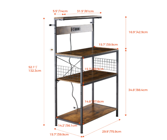 Kitchen Bakers Rack With Power Outlet, Adjustable Storage_voghion.com
