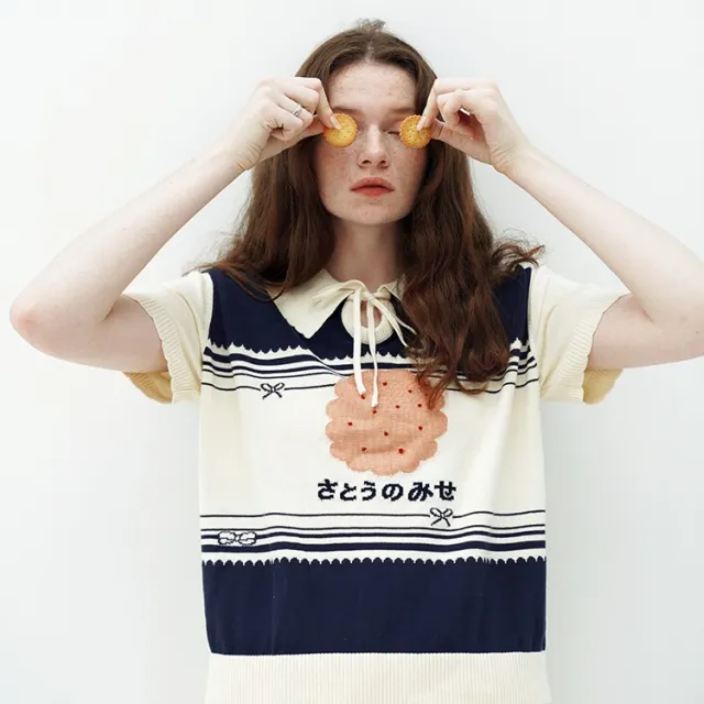 Women's Embroidered Cookies Loose Pullover Lapel Knitwear Dark Blue - Shop at LoveMi