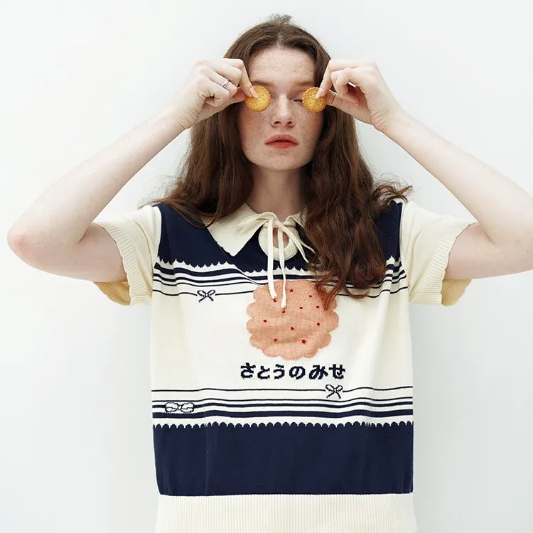 Women's Embroidered Cookies Loose Pullover Lapel Knitwear - Dark Blue
