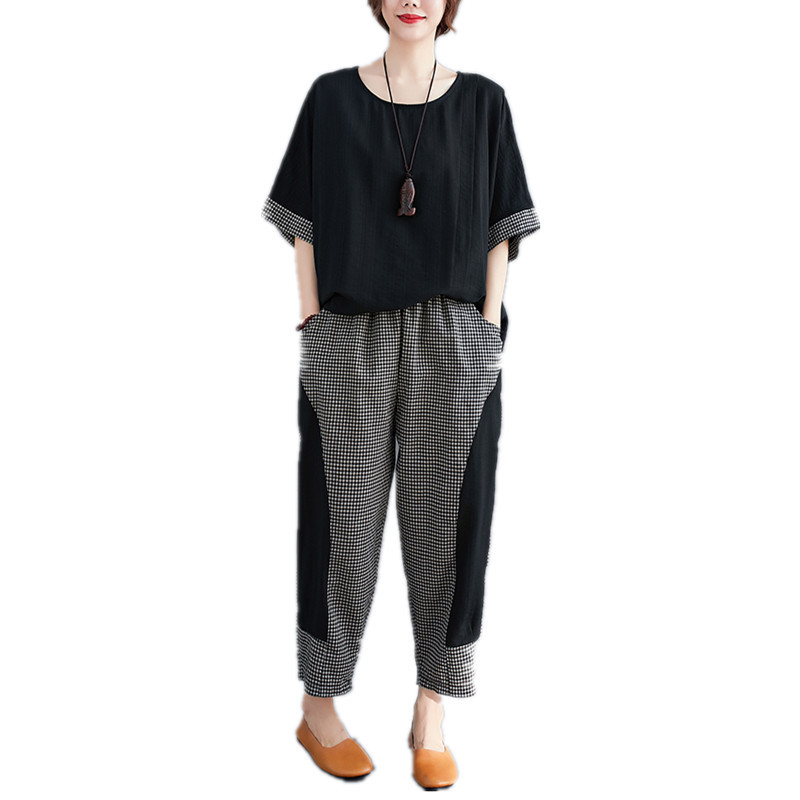 Literary Loose Cotton And Linen Plaid Short-sleeved Top