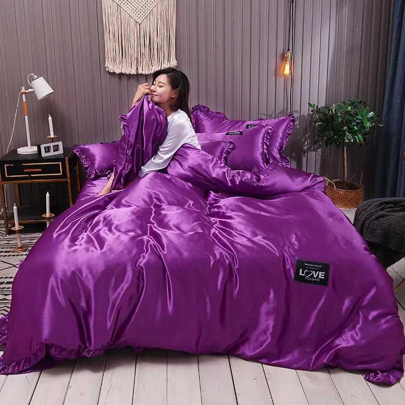 Pure Color Washed Silk Bed Sheet Ice Silk Four-piece Bed Sheet Duvet Cover - Purple