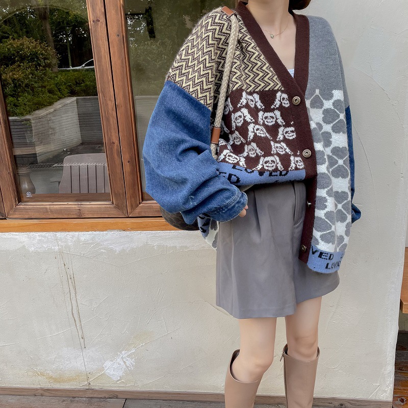 Autumn And Winter New Fashion Stitching Loose Knit Sweater Coat Ladies Tops