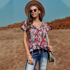 Summer Floral Chiffon Shirt Loose Casual V-neck T-shirt - Navy Blue - View 1