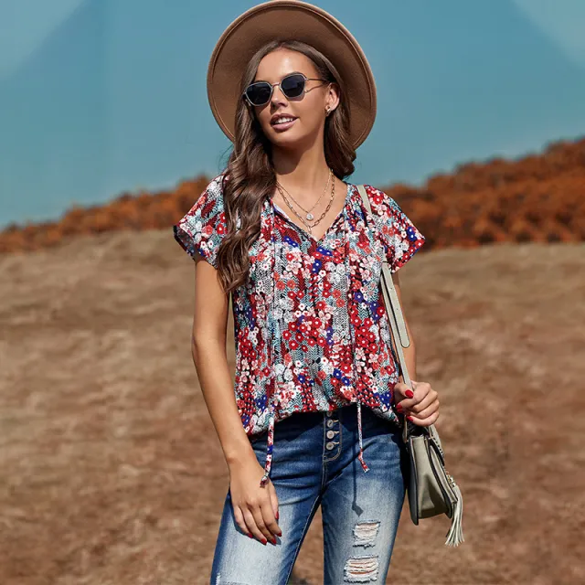 Summer Floral Chiffon Shirt Loose Casual V neck T shirt Navy Blue - Shop at LoveMi
