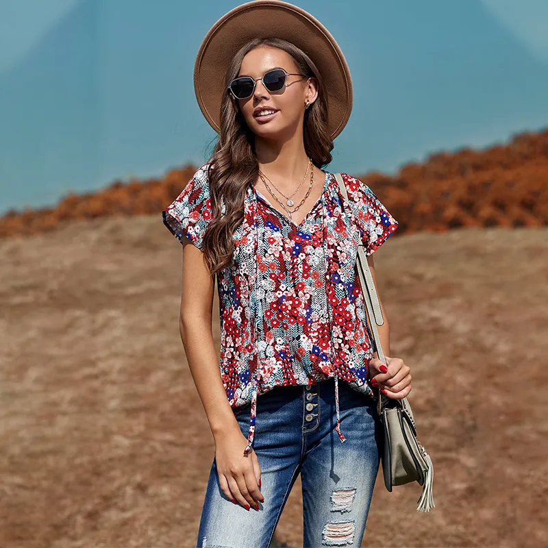 Summer Floral Chiffon Shirt Loose Casual V-neck T-shirt - Blue