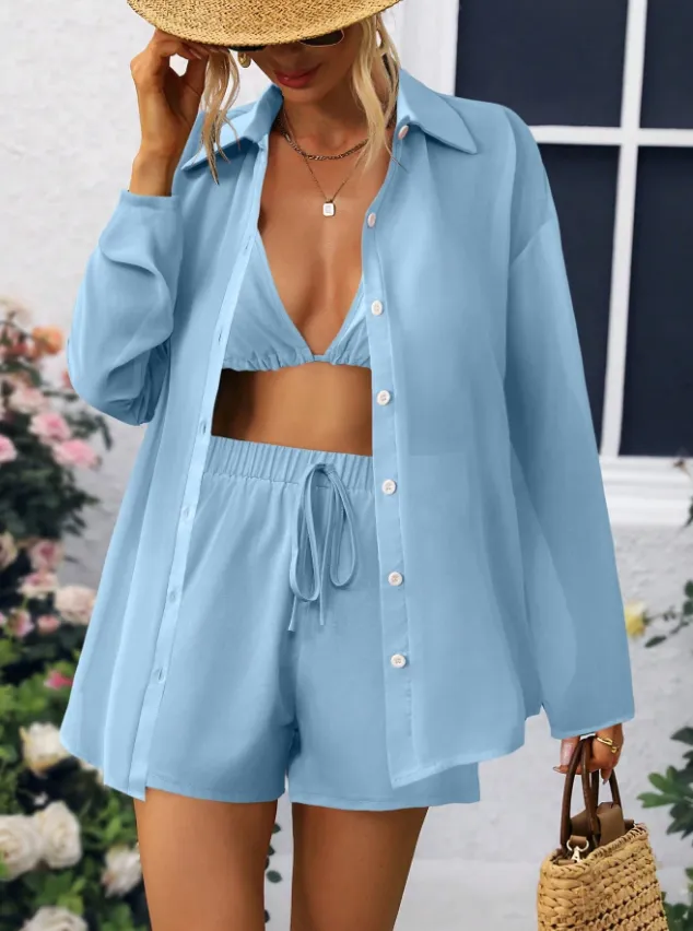 Casual Women's Transparent Long Sleeved Shirt Set Blue - Shop at LoveMi