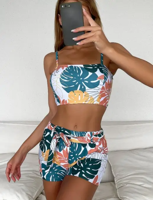 Multicolor Rainforest Print Split Boxer Swimsuit