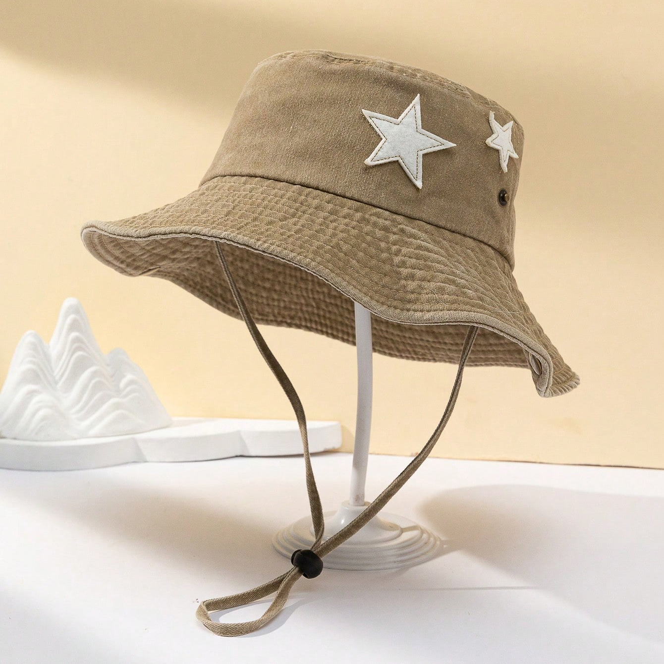 Retro Washed And Distressed Five-point Star Patchwork Beanie For Fishermen With Large Brim For Outdoor Activities Windproof Rope Hat For Camping And Traveling