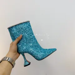 High Heel Ankle Boots Leather Pointed Toe Women's Nude Boots - Blue - View 1