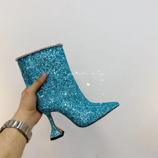 High Heel Ankle Boots Leather Pointed Toe Women's Nude Boots Blue - Shop at LoveMi