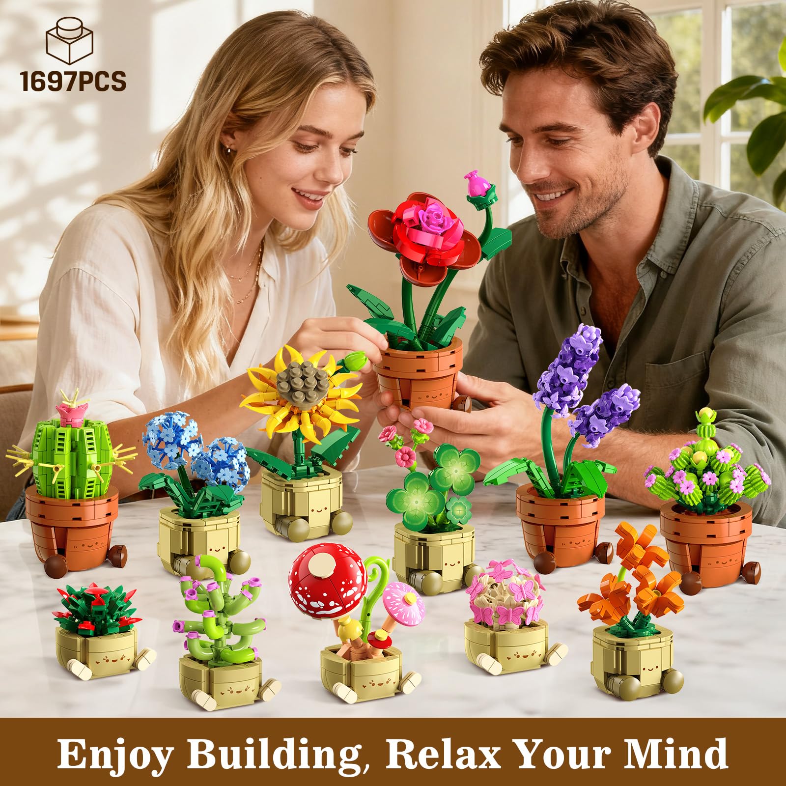 12 Pack Flowers Plants Mini Building Set - 1697PCS Flower Botanical 3.6MM Succulent Building Toy For Home Office Decor, Easter Birthday Party Favors Gift For Adults Girls Boys