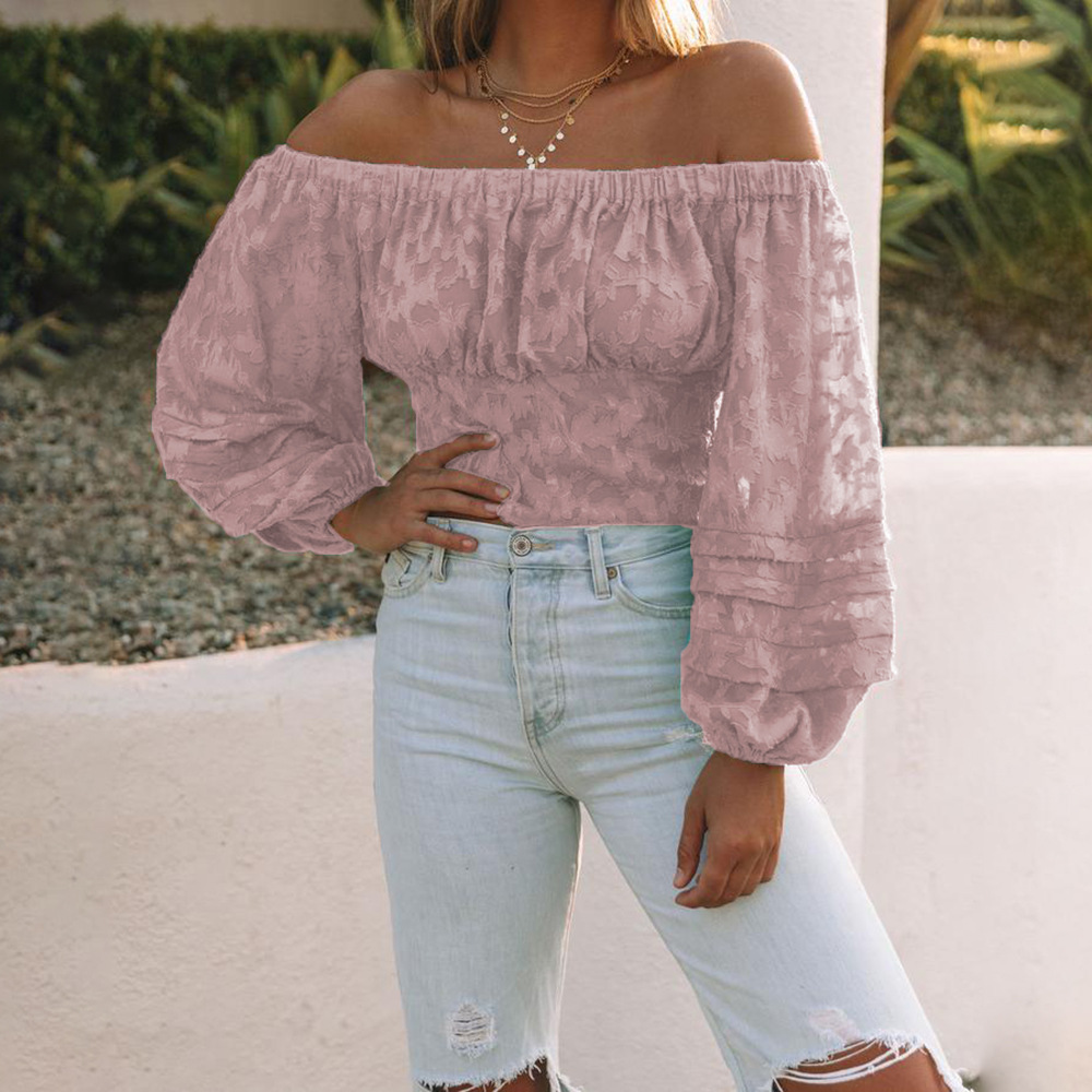 One Word Neck Bubble Long-Sleeved Lace Shirt