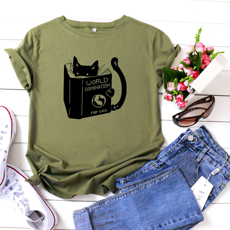 Women's Cotton Reading Cat Print Loose Round Neck T shirt Army Green - Shop at LoveMi