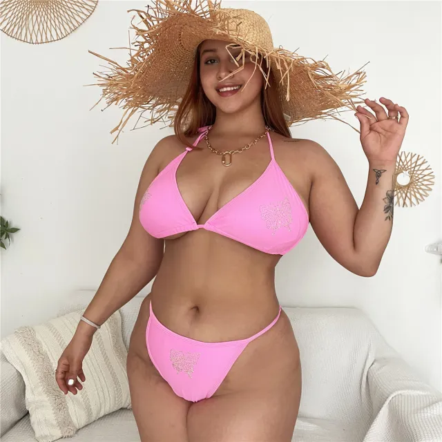 Ladies Solid Color Plus Size Rhinestone Lace Up Swimsuit Pink - Shop at LoveMi