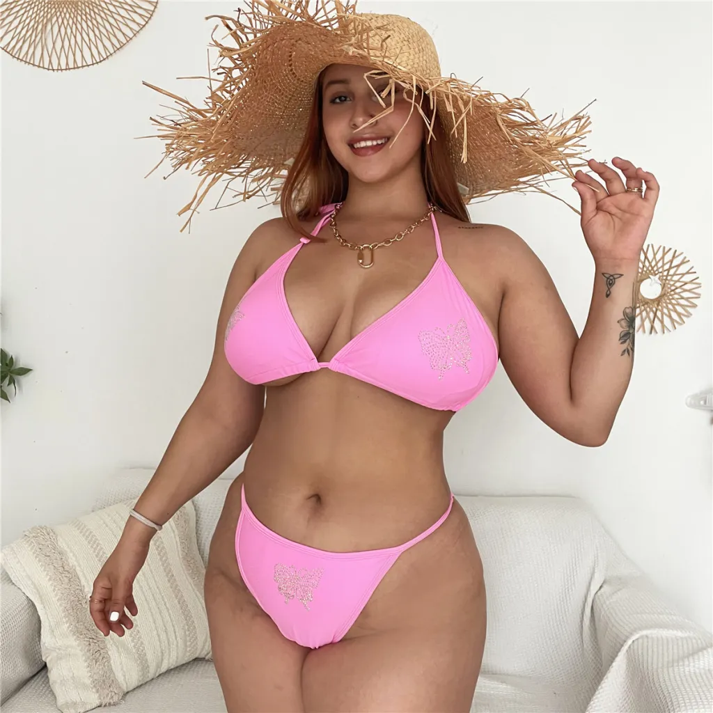 Ladies Solid Color Plus Size Rhinestone Lace-Up Swimsuit - Pink