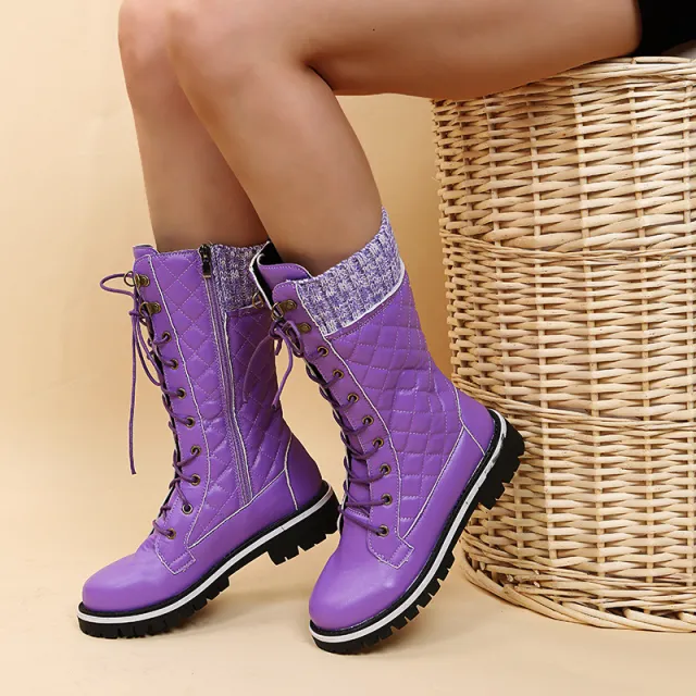 Women's Mid tube Flat heel Chain Round Toe Martin Boots Purple - Shop at LoveMi