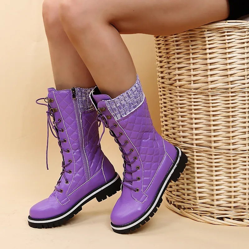 Women's Mid-tube Flat-heel Chain Round Toe Martin Boots - Purple