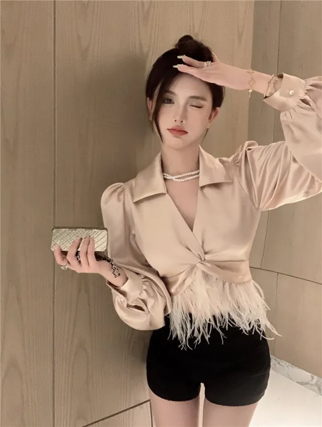 French V neck Aristocratic Long sleeved Blouse In Autumn Champagne - Shop at LoveMi