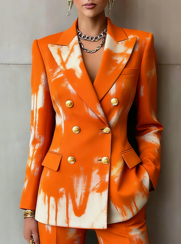 Retro Geometric Double-breasted Suit Jacket For Women, Long-sleeved, Slim Fit, Suitable For Commuting.