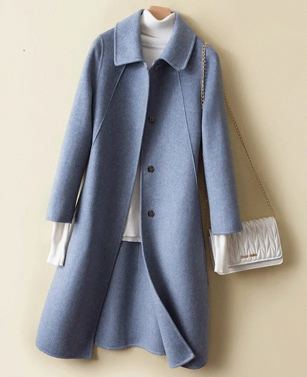 Double Faced Cashmere Womens Mid Length Loose Wool Coat Blue - Shop at LoveMi
