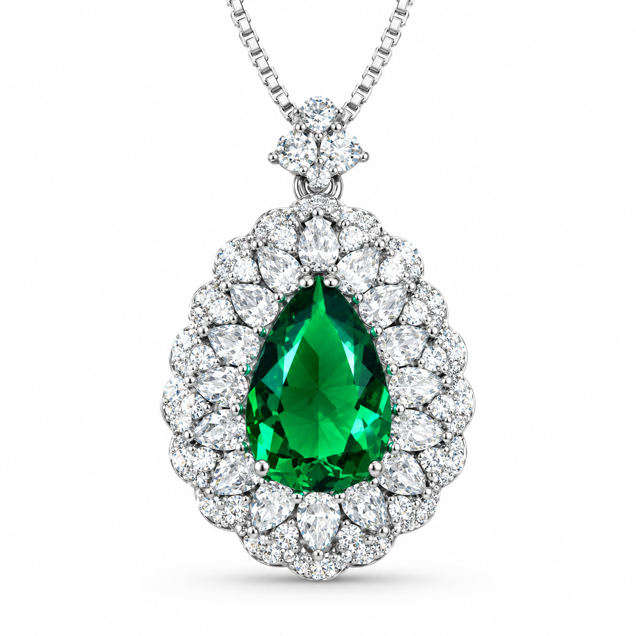 Pear Cut Simulated Emerald Double Halo Pendant Necklace For Women, Copper Plated Silver Pear Shape White Cubic Zirconia Vintage Floral Royal Bridal Wedding Statement Jewelry Gift