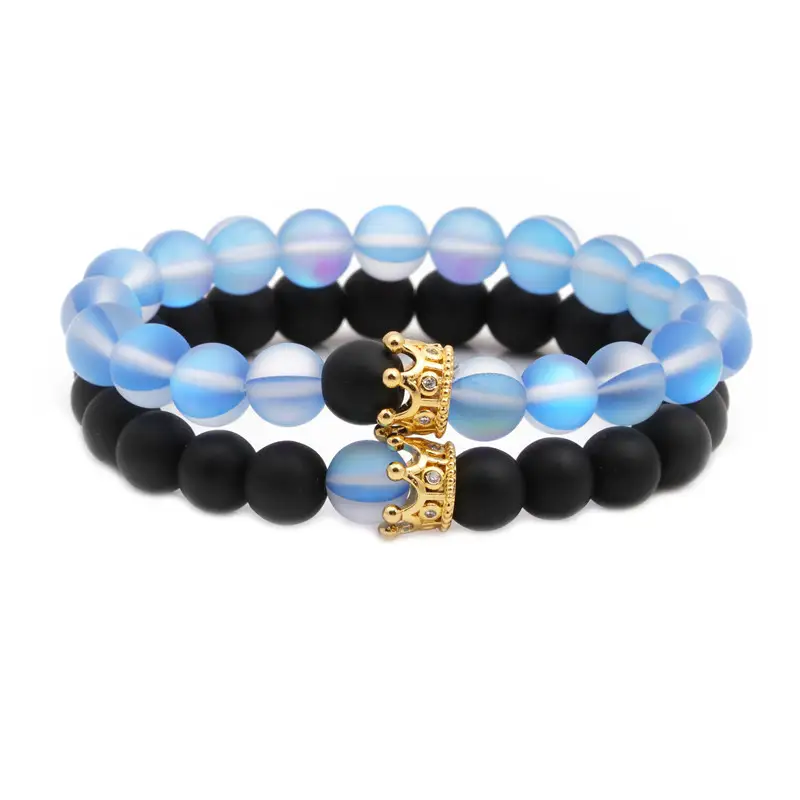 Blue Frosted Moonstone Crown Bracelet With Beads