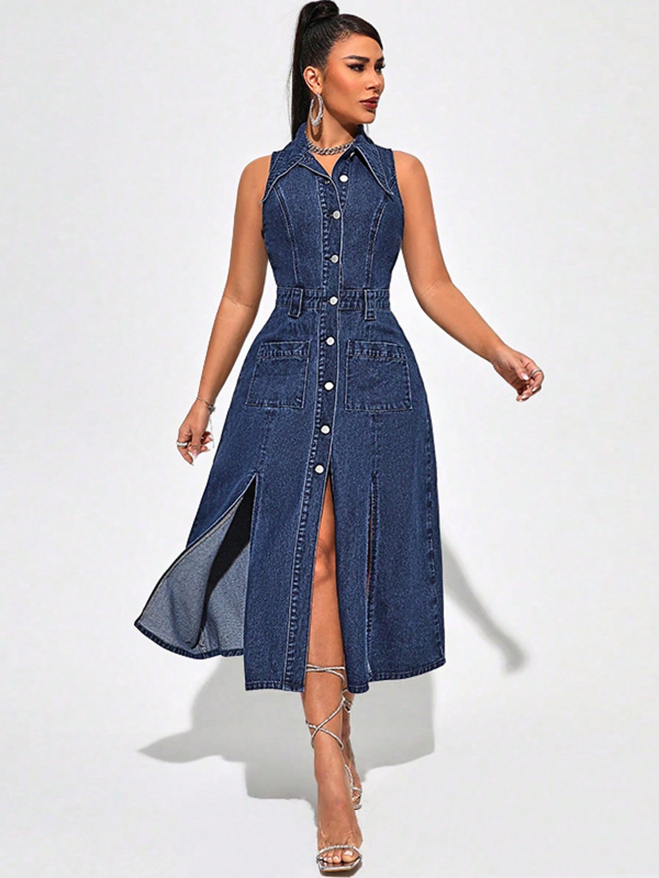 Sleeveless collared denim dress button-front closure detail