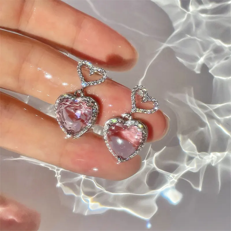 New Light Luxury Premium Feeling Pink Crystal Heart Earrings