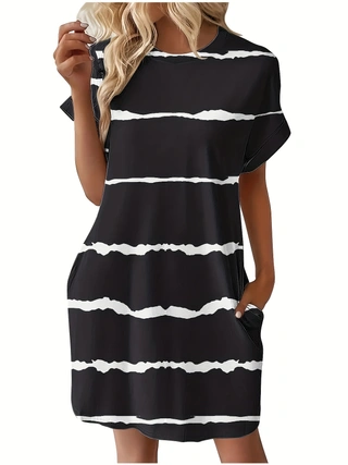 Short Sleeve Printed Pocket Dress