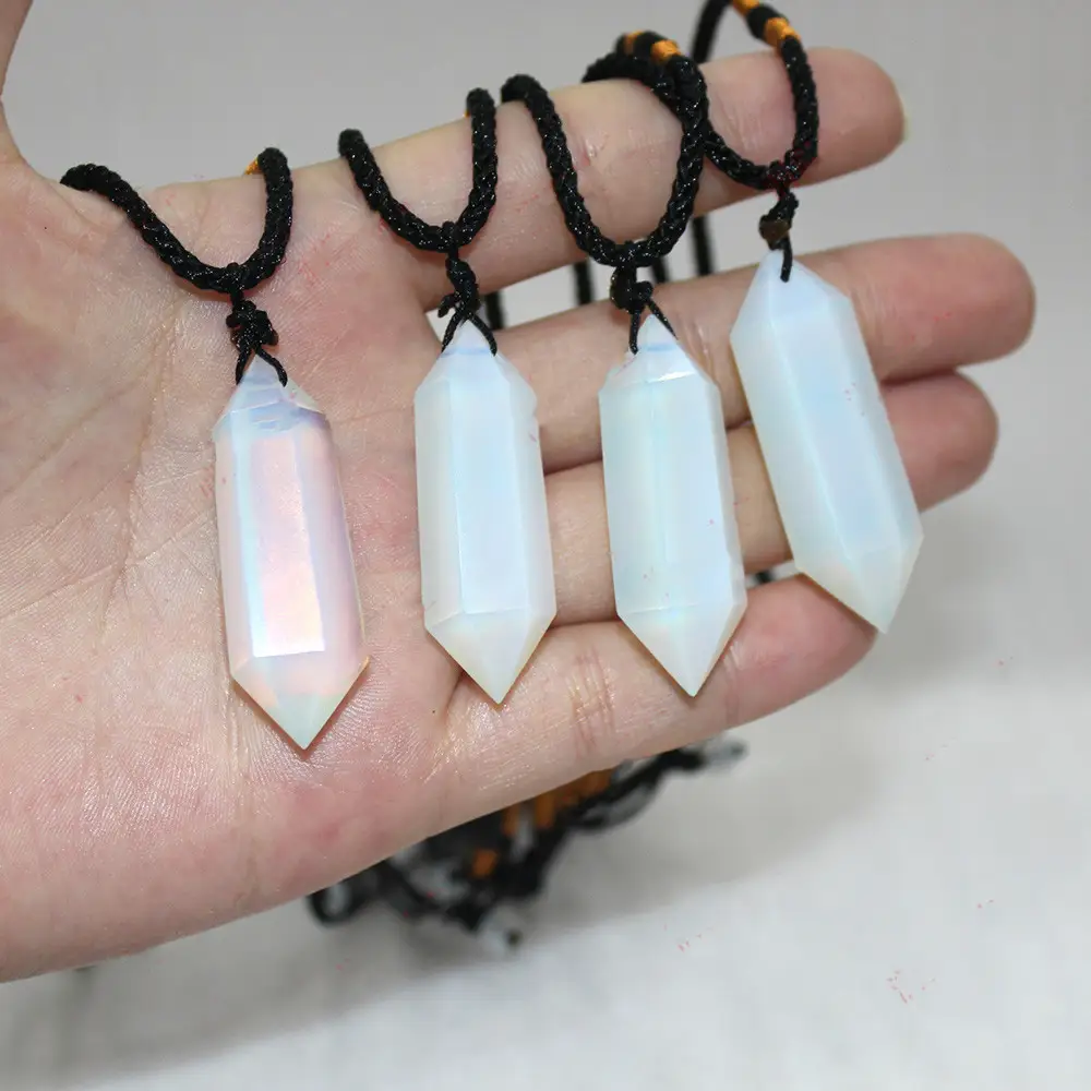 Natural Opal Double-pointed Hexagonal Prism Crystal Column Faceted Pendant