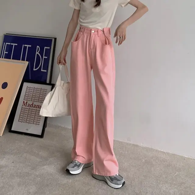 High Waist And Slim White Style Wide Leg Mopping Denim Trousers Pink - Shop at LoveMi