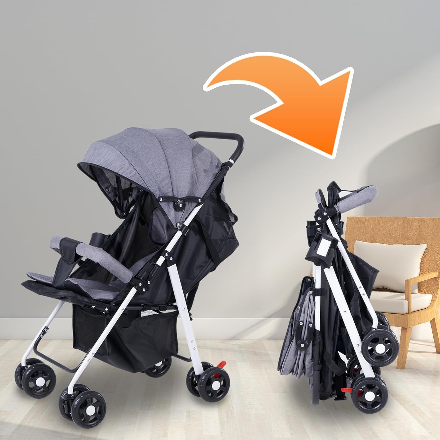 Lightweight Baby Stroller Pram Foldable Travel Buggy Flat Sleep Pushchair Grey 5
