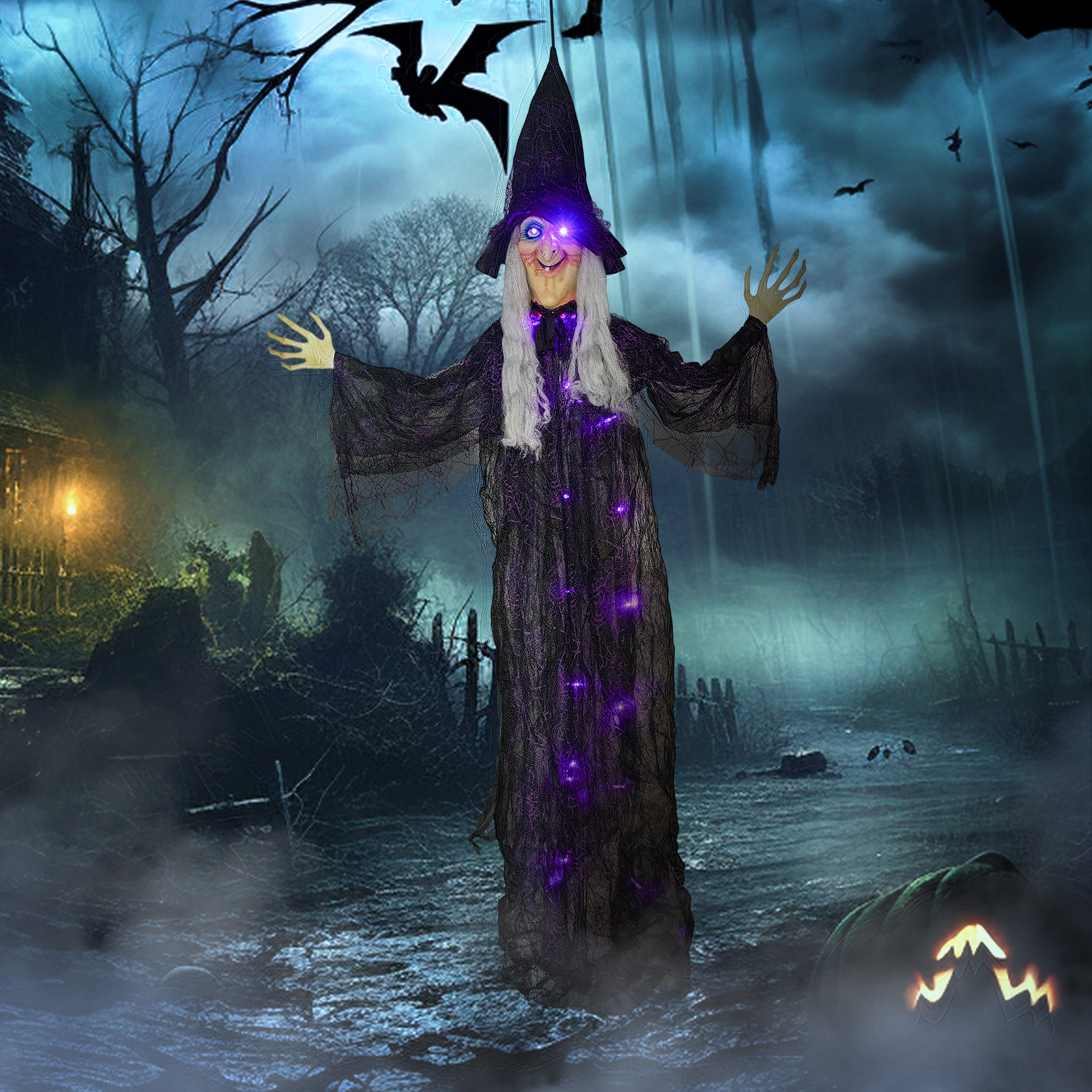 183 Cm Life Size Halloween Animated Hanging Witch With Glowing LED Eyes & Body — image 2