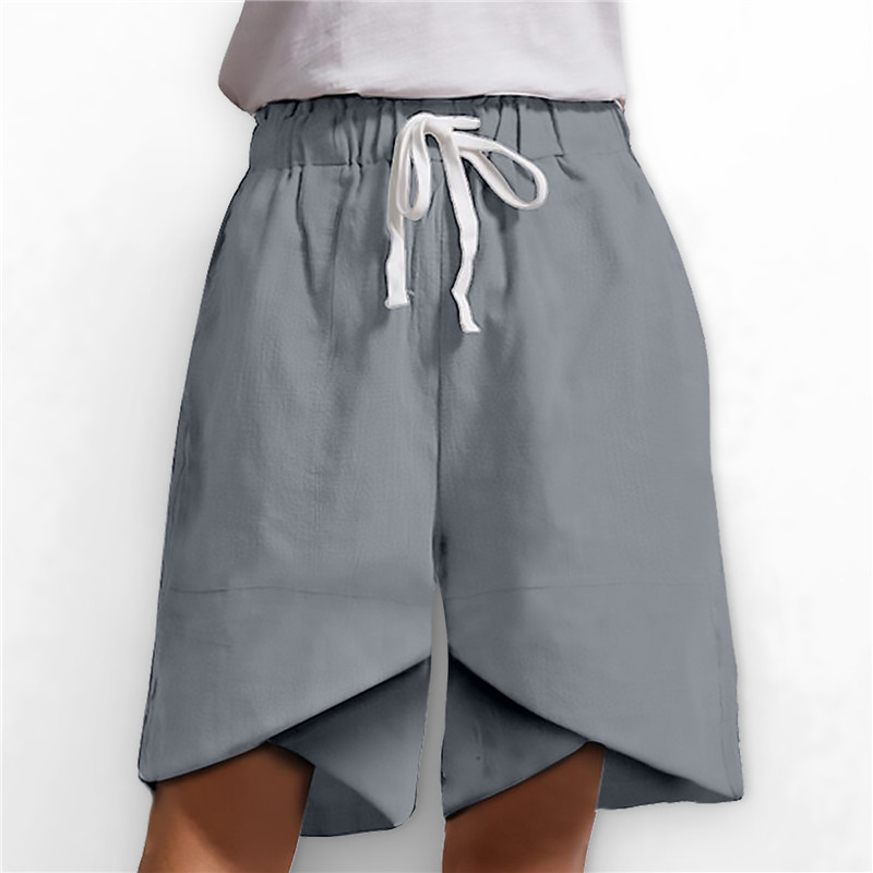 Elastic Waist Wide Leg Pants Pockets Loose Ladies Casual Shorts Grey - Shop at LoveMi