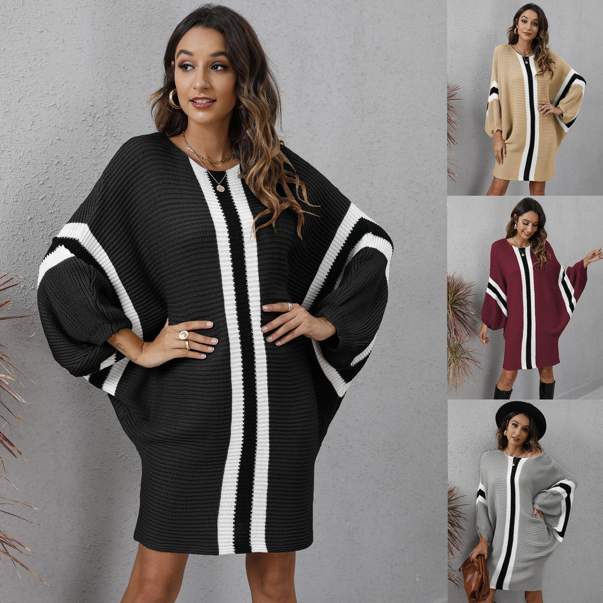 Knit Sweater Loose Bat Sleeve Contrast Color Stitching Dress