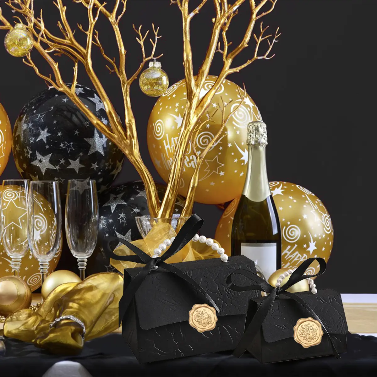 10 Pcs Black Gift Boxes With 10 Pcs Golden Seal Label Stickers