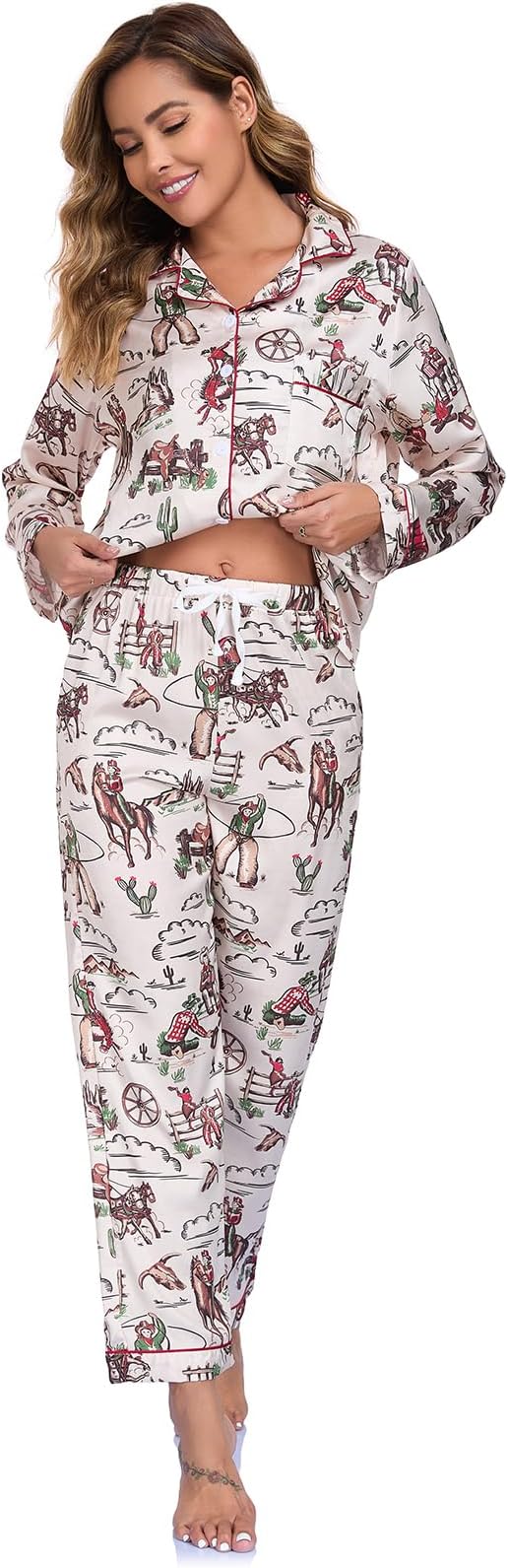 RONGTAI Womens Pajama Sets Button Down Long Sleeve Lapel Shirt With Pocket — image 7