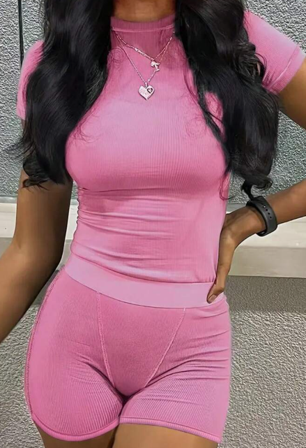 Women's Solid Color Short Sleeve Top And Shorts Set