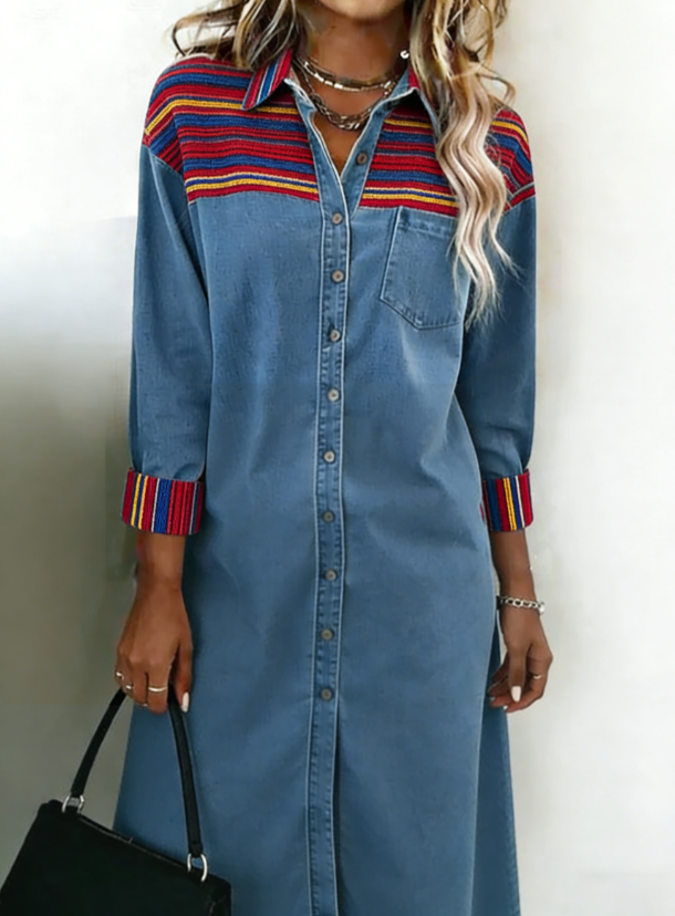 Retro-style Collared Women's Long-sleeved Midi Shirt Dress